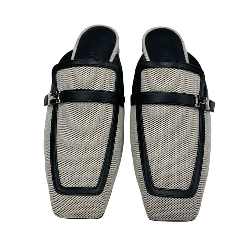 Hermes Groupie Flat Shoes Canvas Leather Black Unused Mule Slipper Sandals