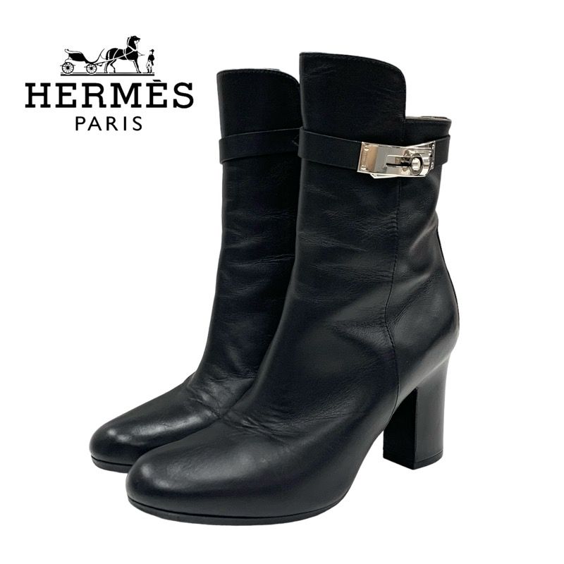 Hermes Boots Short Boots Shoes Leather Black Silver Kelly Hardware