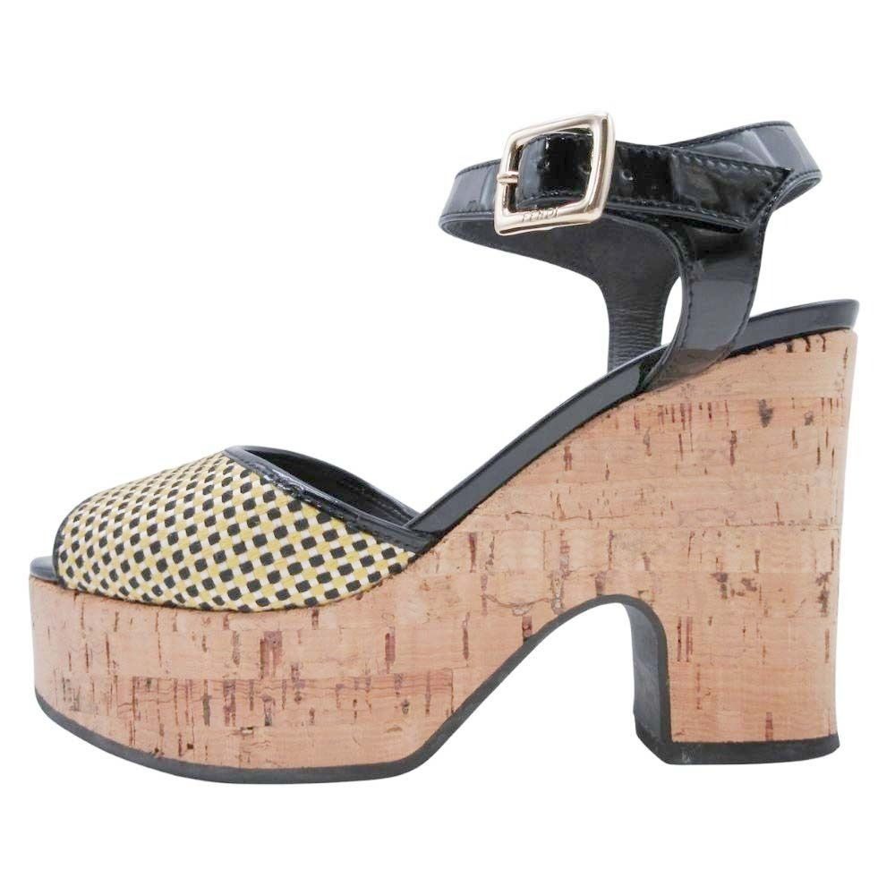 Fendi Frendi Cork Sole Thick Strap Sandals Shoes Patent Black Beige 35.5