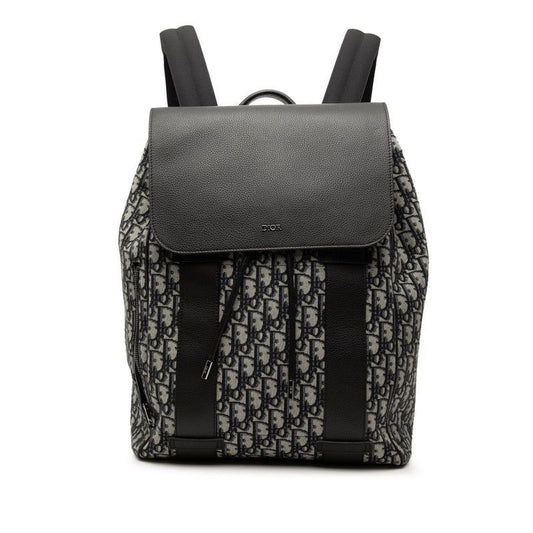 Dior Trotter Oblique Logo Jacquard Backpack Black Gray Leather Fabric