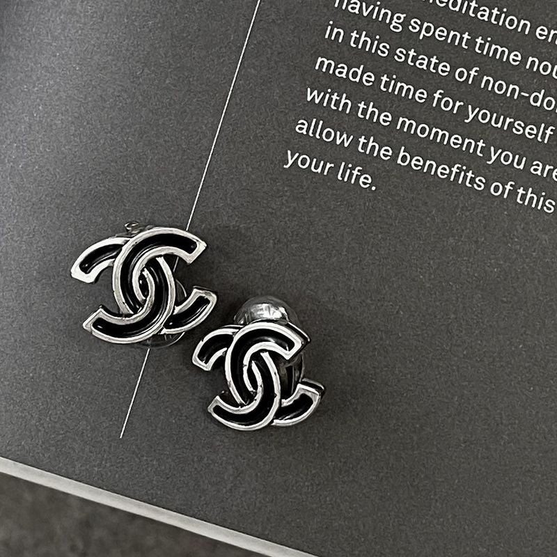 Chanel 04A Coco Mark Earring Ladies Black X Silver