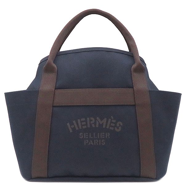 Hermes 2way Bag Sac de Pansage Groom Toile Chevron Navy and Orange Silver