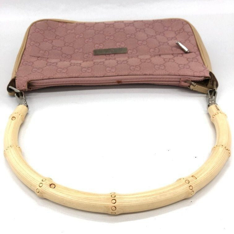 Gucci GG Sherry Bamboo Pochette Baguette Shoulder Bag Purse Tote Pink