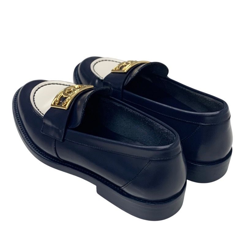 Chanel Loafer Leather Shoes Leather Navy White Gold Here Mark