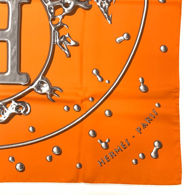 Hermes Carre 90 VIF Argent Silver Drops Orange Silk Scarf With Box