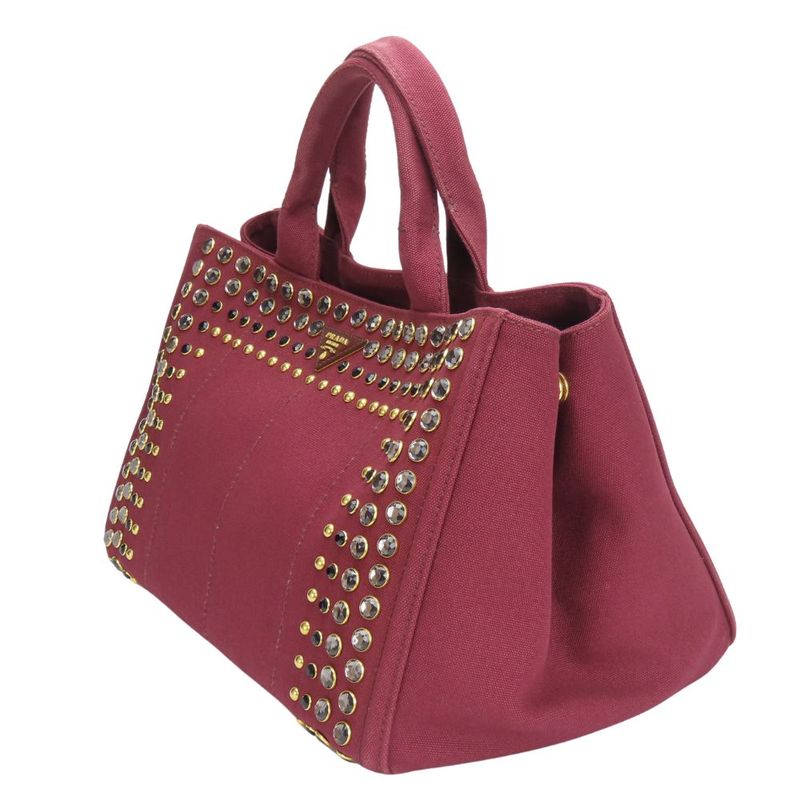 Prada Tote Bag Canapa B2642o Studded Canvas Amaranto Wine Red Gold Hardware