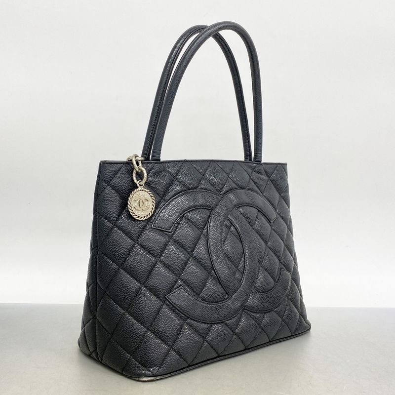 Chanel Tote Bag Revival Tote Caviar Skin Black Silver Hardware Women's