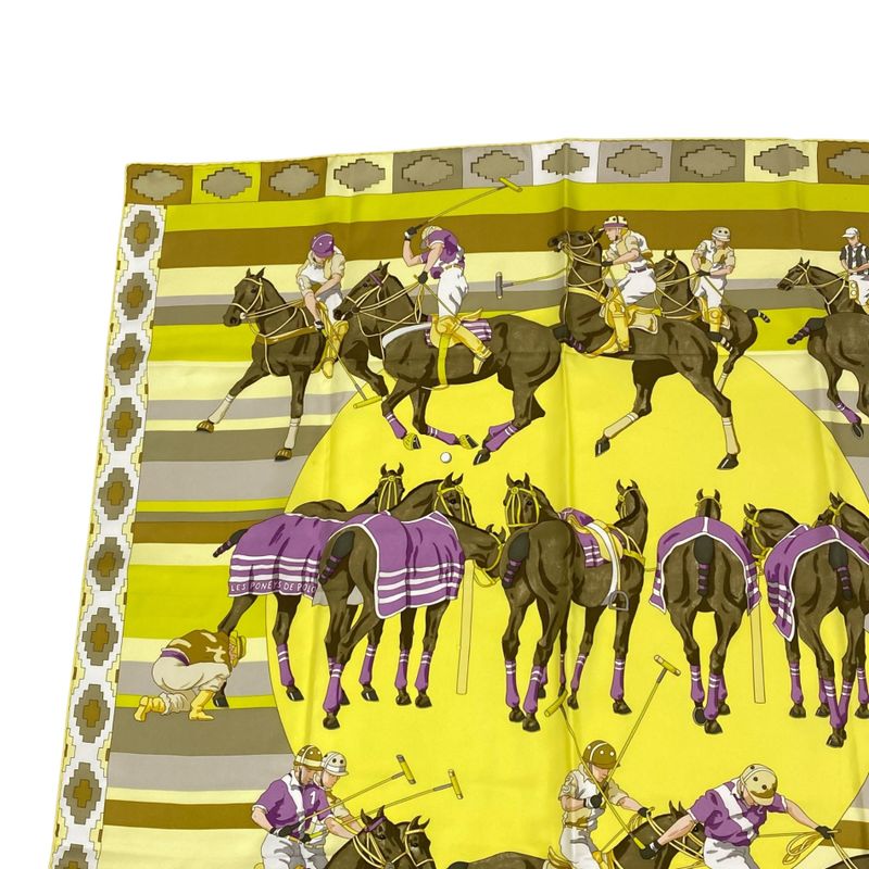 Hermes Carre 90 Scarf Silk LES Poneys DE POLO Large Size Horse Print Yellow