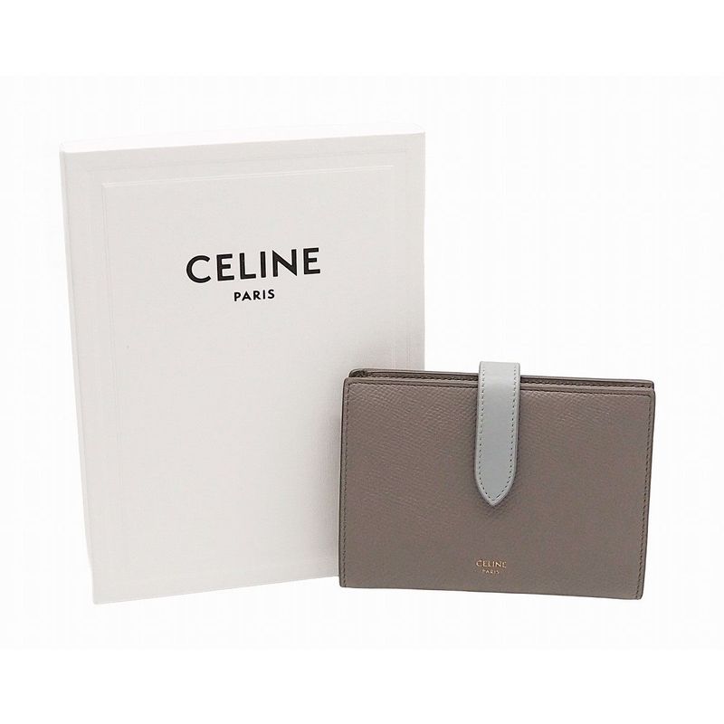 Celine Medium Strap Wallet Calfskin Pebble Glaze Mineral Blue Bicolor Wallet