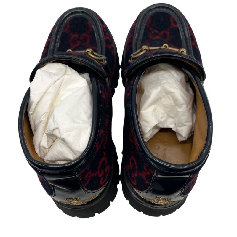 2704 Gucci Boots Wool Horsebit Loafers 6 1 2 598315 Navy Red GG Pattern Thick