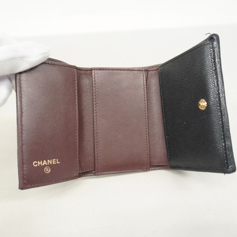 Chanel Trifold Wallet Matelasse Caviar Skin Black Chien Pan Gold Hardware Women
