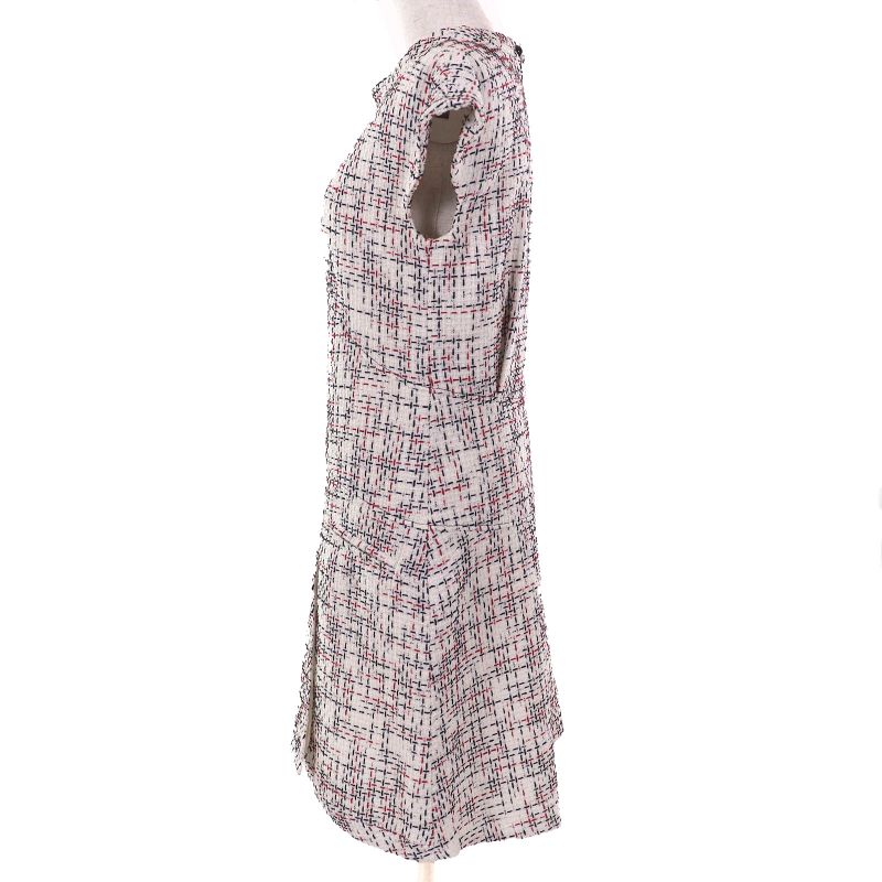 CHANEL P50967 Cotton Coco Mark Button French Sleeve Tweed Dress Ivory Black Red