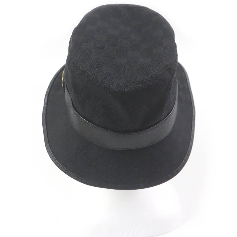 Gucci 576587 GG Canvas Leather Piping Fedora Hat Bucket Hat Black M/58cm