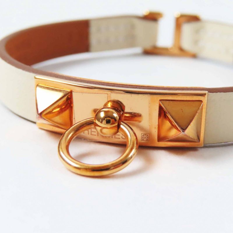 Hermes Rival Mini Bracelet Pink Gold Hardware Leather Cles T3 U Engraved With