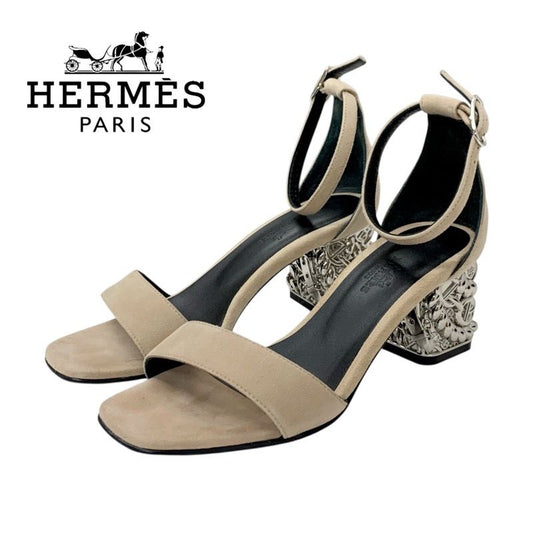 Hermes Gram 60 Sandals Shoes Suede Beige Silver Chaine D'ancre Metal Heel Strap