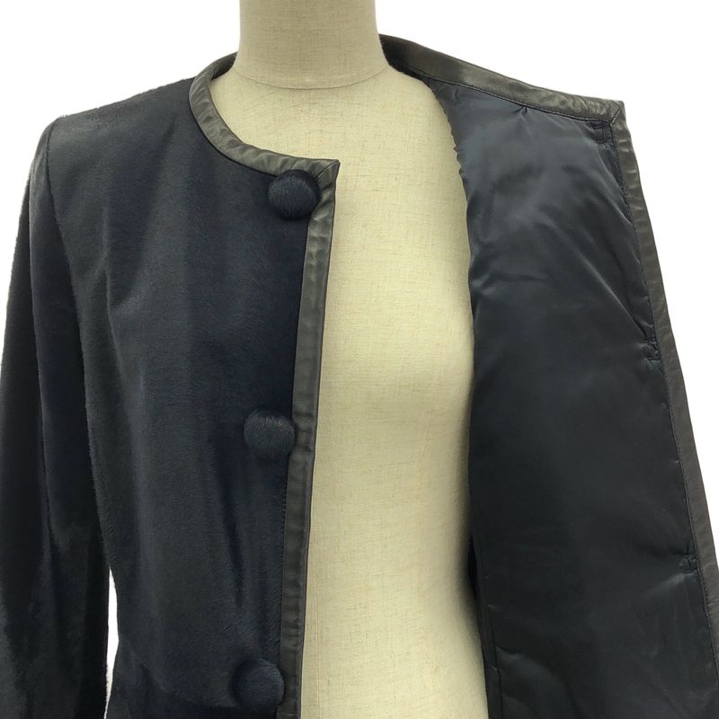 Prada - Leather Paneled Fur Collarless Long Coat - Fully Lined - 40 - Dark Navy