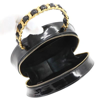 Chanel Matelasse Round Vanity Hand Bag Enamel Black White Vintage Gold Hardware