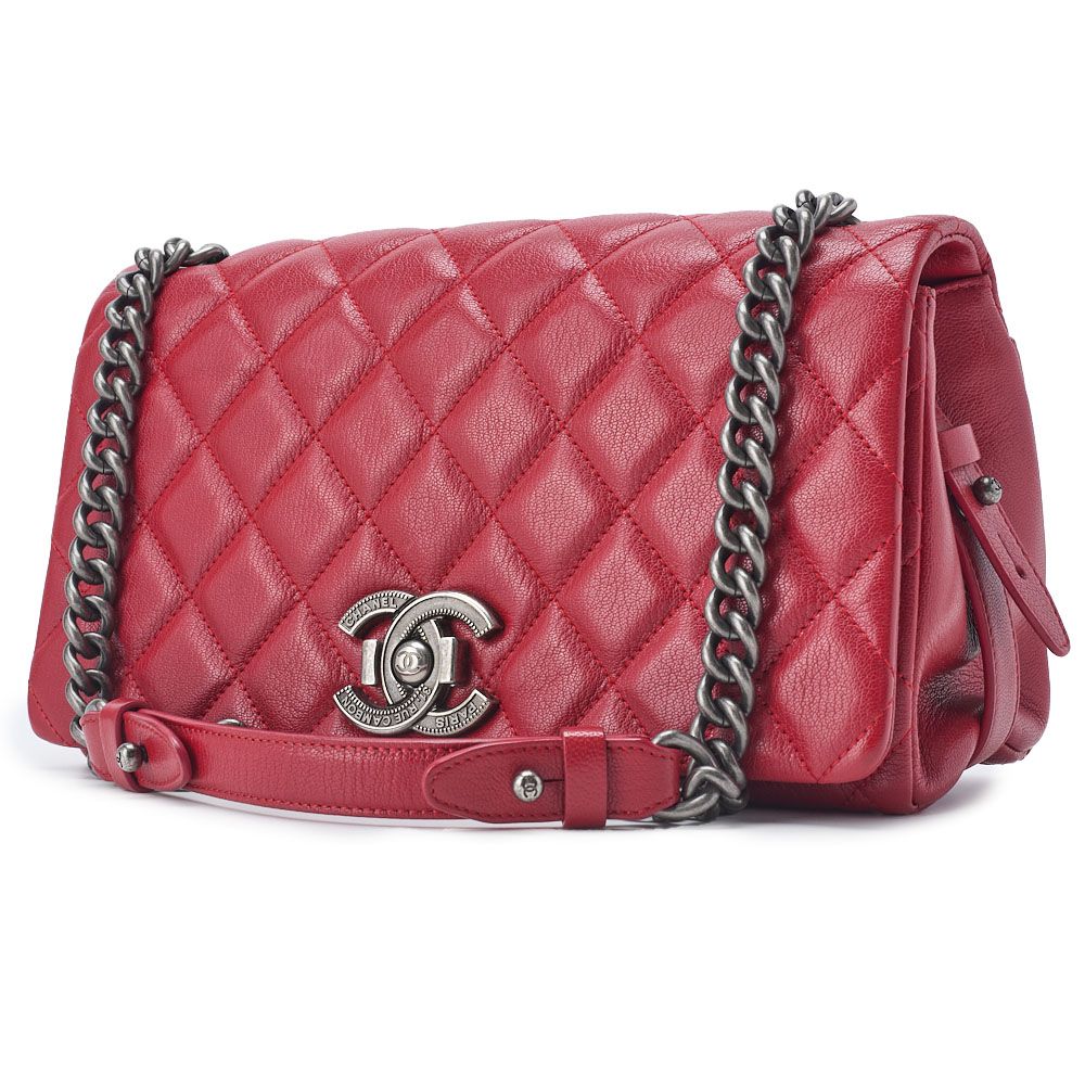 Chanel Matelasse Full Flap Chain Shoulder Caviar Skin Red With Silver Hardware