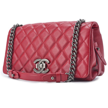 Chanel Matelasse Full Flap Chain Shoulder Caviar Skin Red With Silver Hardware