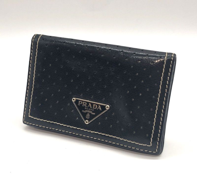 Prada Card Case Business Card Holder Perforated Leather Triangle Logo Black