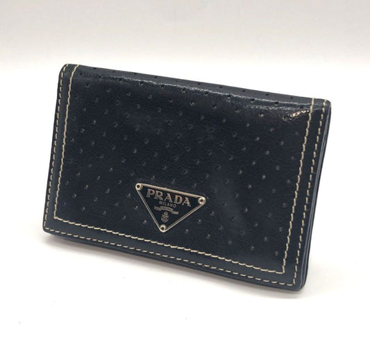 Prada Card Case Business Card Holder Perforated Leather Triangle Logo Black