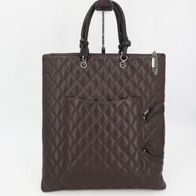 Chanel Cambon Line Flat Tote Bag Coco Mark Leather Dark Brown