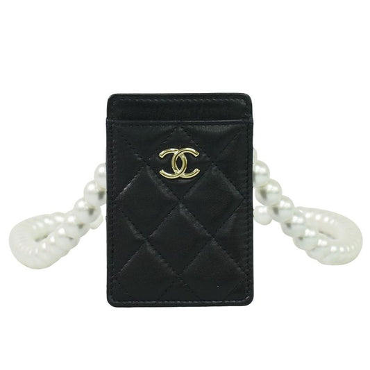 Authentic Chanel Coco Mark Matelasse Faux Pearl Chain Card Case Pass Case