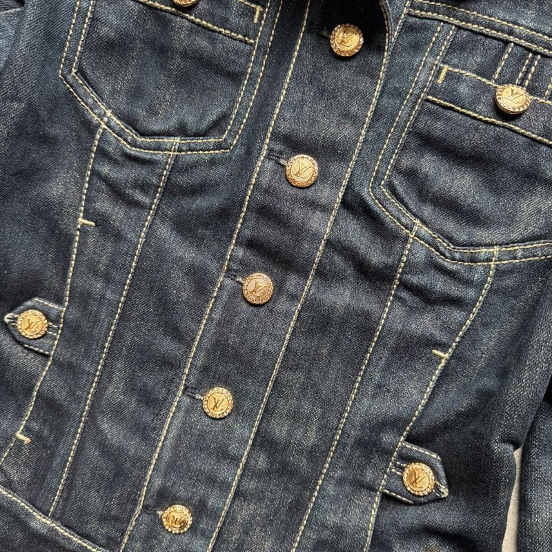 Louis Vuitton Logo Gold Button Stone Glitter Denim Jacket 34 XS Women