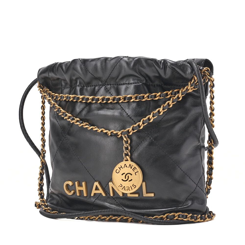 Chanel 22 Mini Calfskin Black Drawstring Chain Shoulder Bag With Gold Hardware