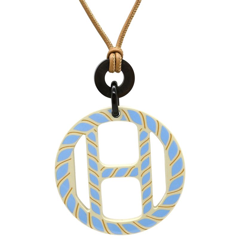 Hermes Necklace H Equipe Nautique Buffalo Horn Leather Lacquer Sesame and Blue