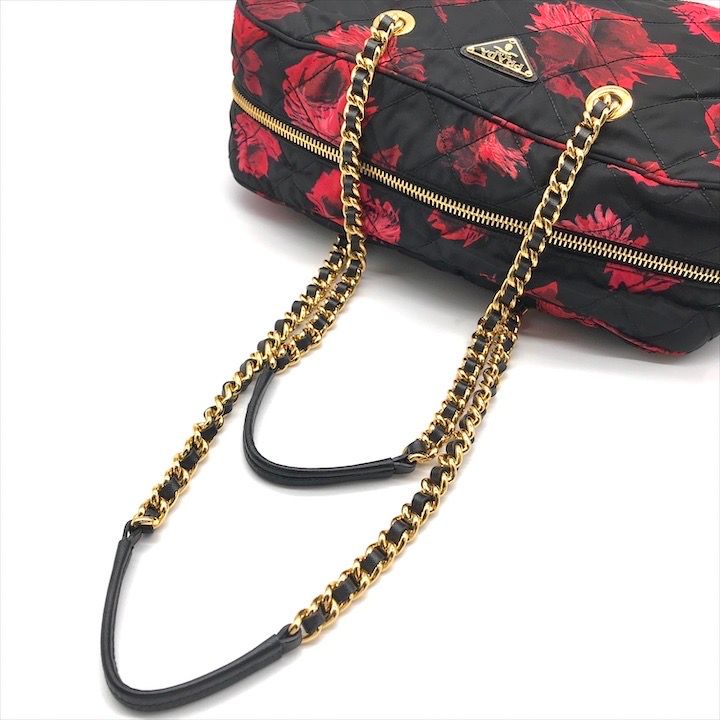 Prada Nylon Quilted Flower Boston Bag Black