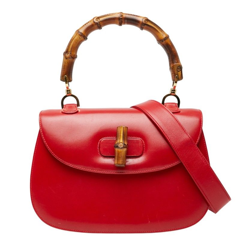 Gucci Old Gucci Bamboo Handbag Shoulder Bag 2WAY 001 01 0633 Red Leather