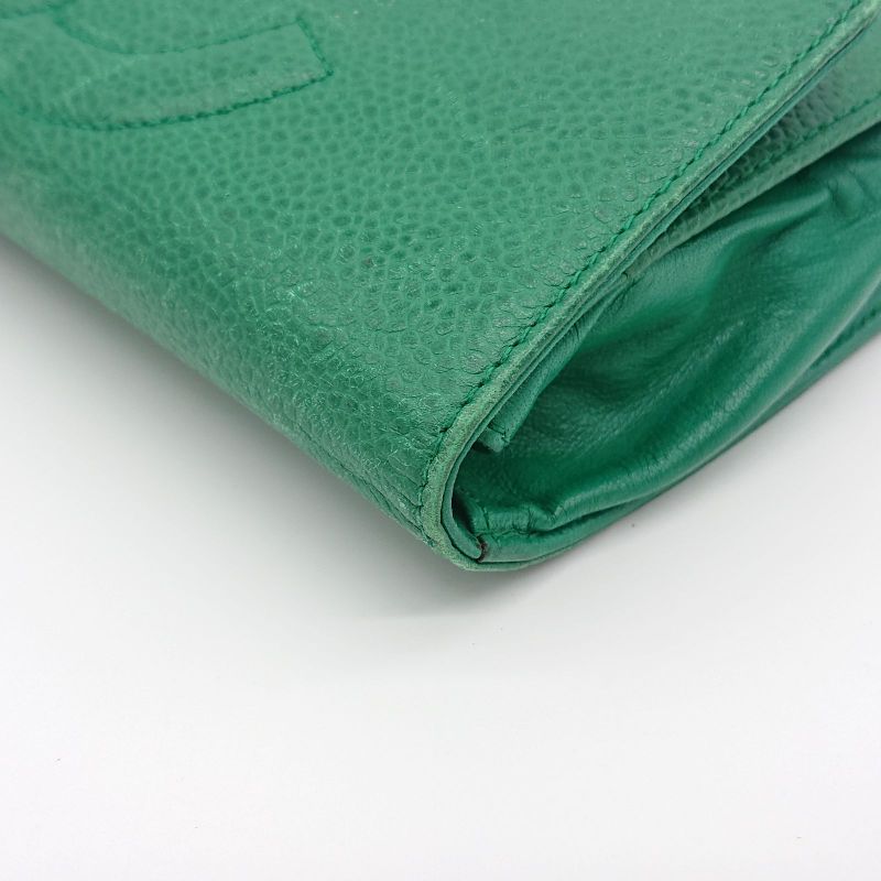 Vintage Chanel Pouch Caviar Skin Green Coco Mark With Sticker