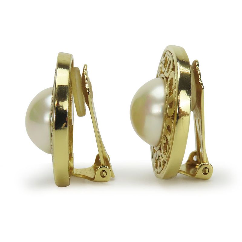 Christian Dior Earrings CD Logo Metal Gold Plated Accessories Faux Pearl Ladies