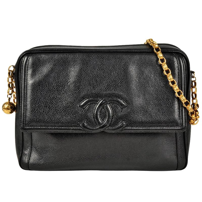 Chanel Shoulder Bag Caviar Skin Black Gold Hardware Vintage Women
