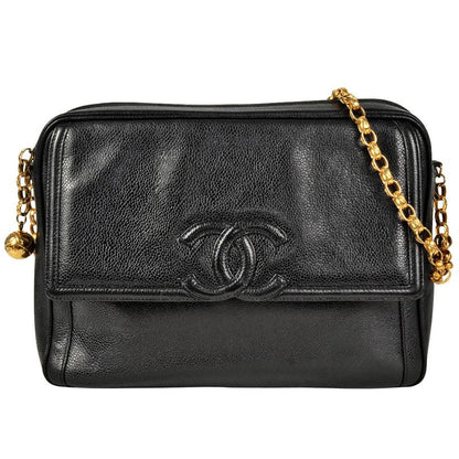 Chanel Shoulder Bag Caviar Skin Black Gold Hardware Vintage Women
