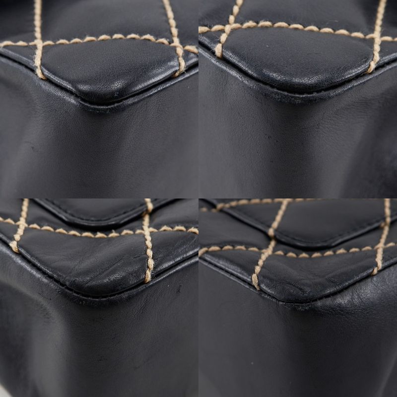 Chanel Wild Stitch Double Chain Shoulder Leather Black Women's Shoulder Bag