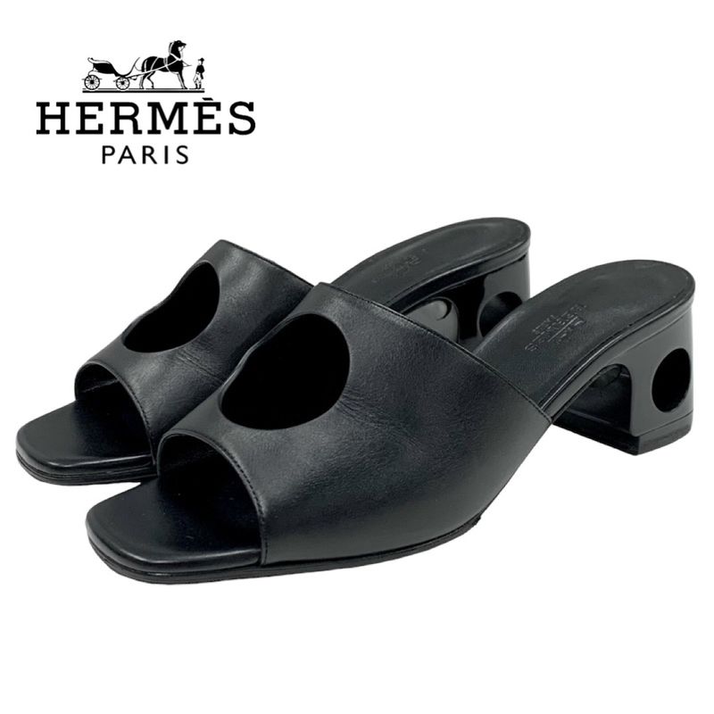 Hermes ELIA Sandals Shoes Leather Black Mule Circle Cut