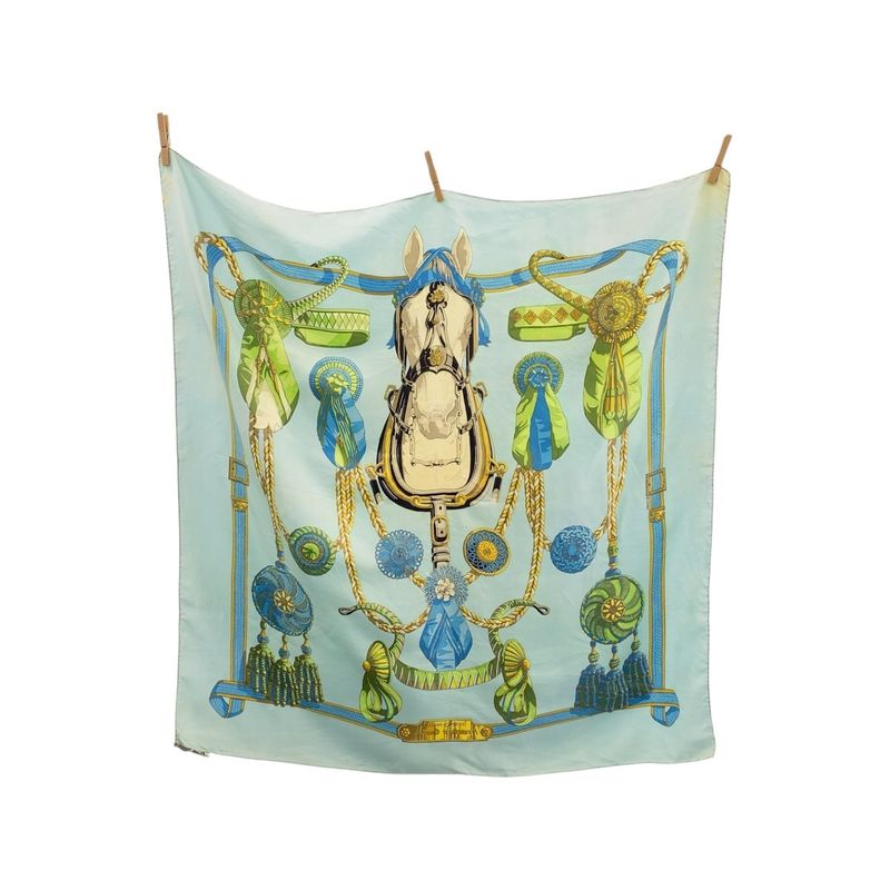 Hermes Frontaux Et Cocardes Carré 90 Sky Blue Light Green Silk Scarf Large