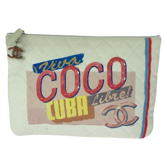 Chanel Coco Cuba Coco Mark White Multicolor Silver Hardware Canvas Clutch Bag