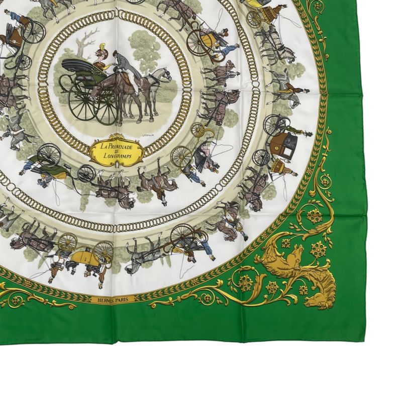 Hermes Scarf Silk Carre 90 LA Promenade DE Longchamps Walk To Ron Chien Green