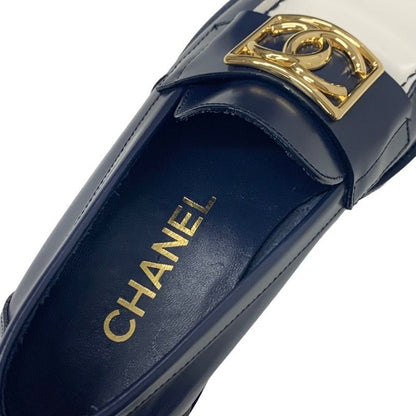Chanel Loafer Leather Shoes Leather Navy White Gold Here Mark