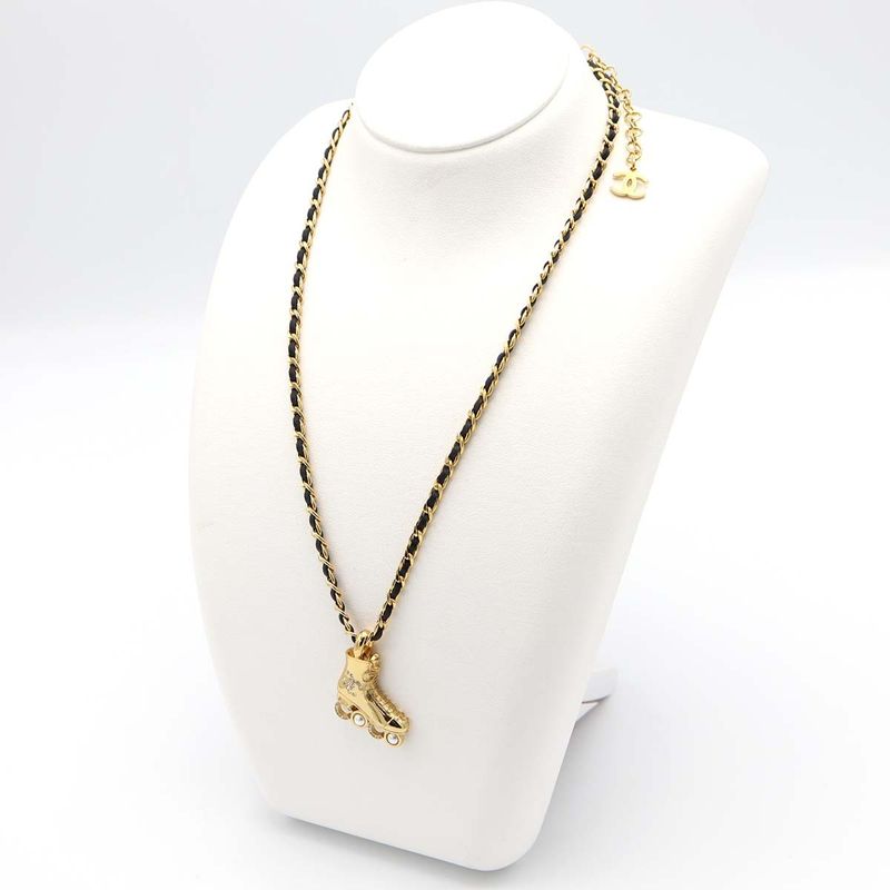 Chanel Roller Skate Necklace Pendant F24 COCO Faux Pearl Rhinestone Gold Color
