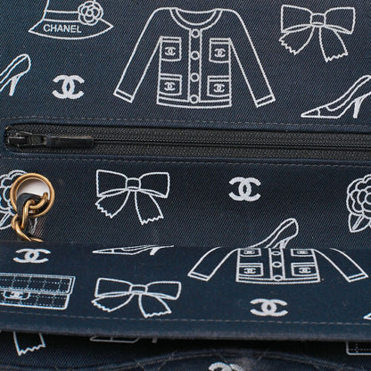 Chanel Matelasse W Flap 25 Icon Print Chain Shoulder Canvas Bicolor Black With