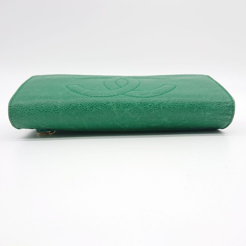 Vintage Chanel Pouch Caviar Skin Green Coco Mark With Sticker