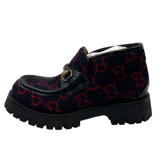 2704 Gucci Boots Wool Horsebit Loafers 6 1 2 598315 Navy Red GG Pattern Thick