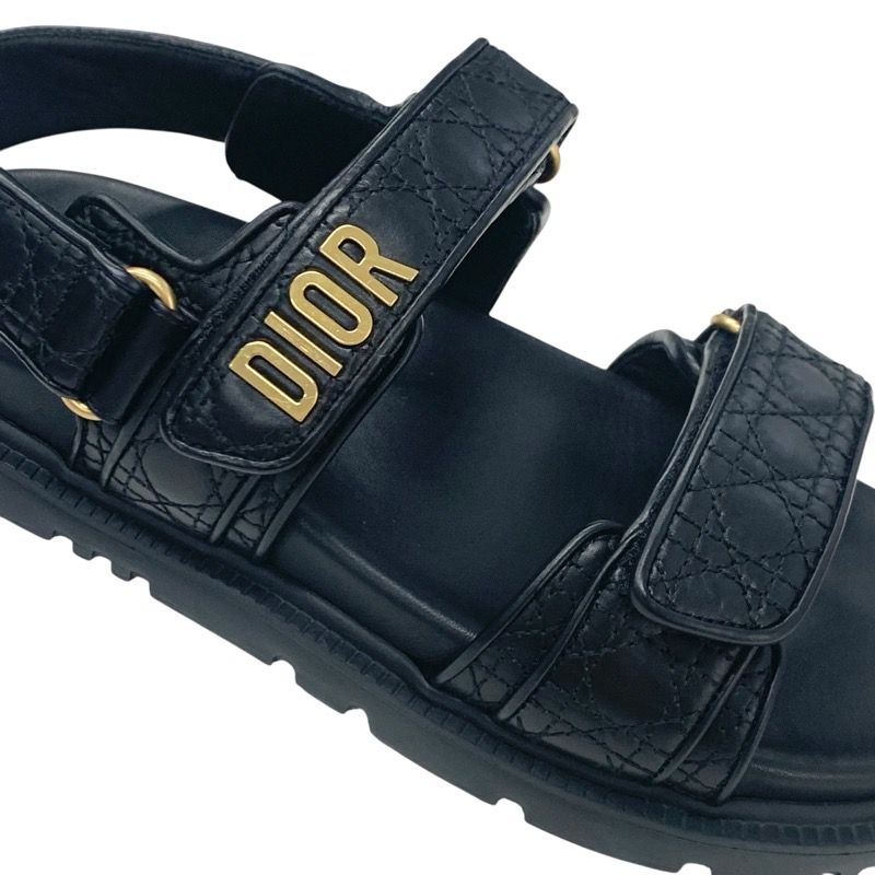 Christian Dioract Sandals Shoes Calfskin Black Gold Logo Cannage Quilted Sports