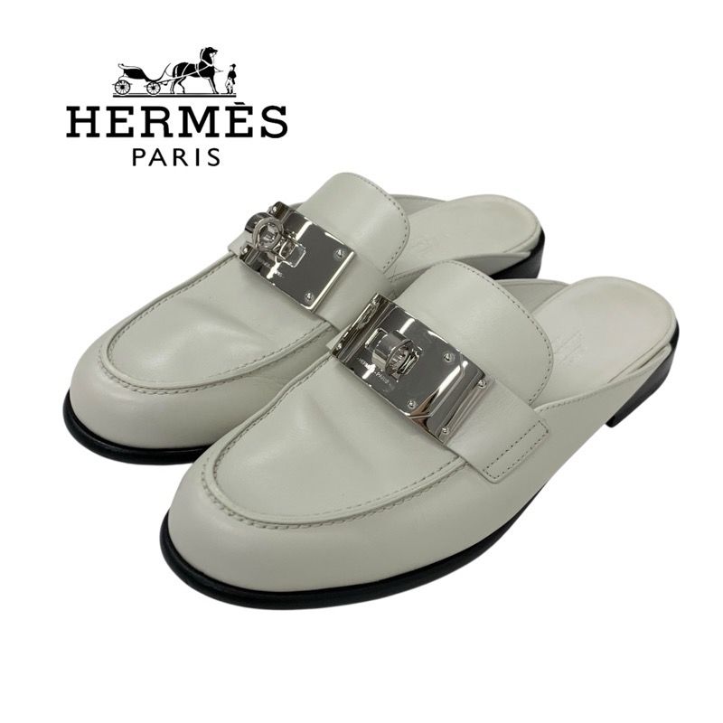 Hermes Jota Flat Shoes Leather Ivory Silver Kelly Hardware Mule Slipper Sandals