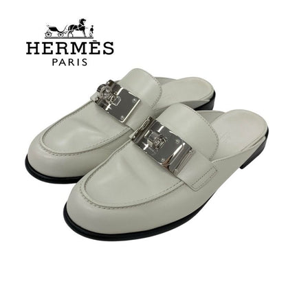 Hermes Jota Flat Shoes Leather Ivory Silver Kelly Hardware Mule Slipper Sandals