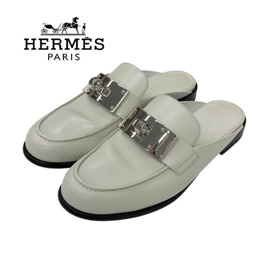 Hermes Jota Flat Shoes Leather Ivory Silver Kelly Hardware Mule Slipper Sandals